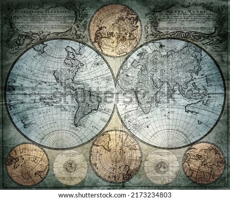 Old geographical map of the world of the 18th century. A good background for design on the theme of travel, geography, history, voyage, etc. Ancient map background. Royalty-Free Stock Photo #2173234803