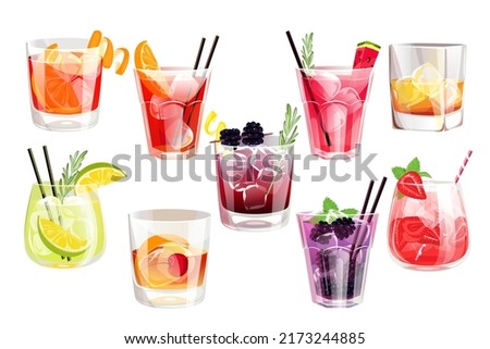 Cocktail set.Summer classic drinks in low glasses: Old fashion, blackberry, watermelon and strawberry cocktails, negroni, Americano, caipirinha. Royalty-Free Stock Photo #2173244885
