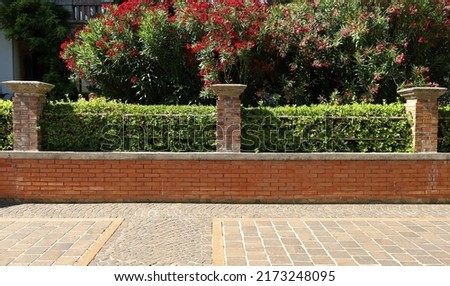 House fencing consisting by brick wall and small columns with a hedge in the middle.  Oleanders in bloom on background and porphyry sidewalk in front. Background for copy space.