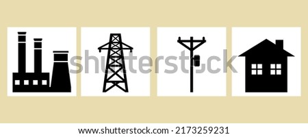 Set black power plant with electric poles and city home in white square on brown background icon flat vector design. Royalty-Free Stock Photo #2173259231