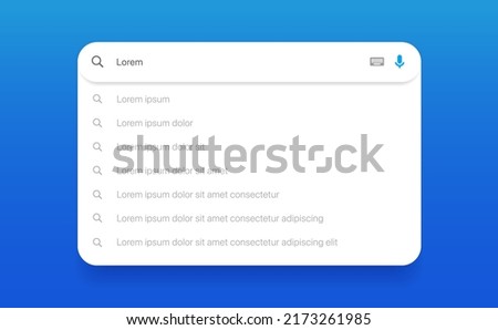 Search Bar with suggestions for UI UX design and web site. Search Address and navigation bar icon. Collection of search form templates for websites. Search engine web browser window template. Royalty-Free Stock Photo #2173261985