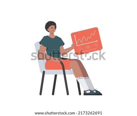 A man sits in a chair and holds a panel with analyzers and indicators in his hands. Internet of things concept. Isolated. Vector illustration in trendy flat style.