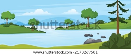 Landscape with river flowing through hills, scenic green forest and mountains. scene with river vector illustration