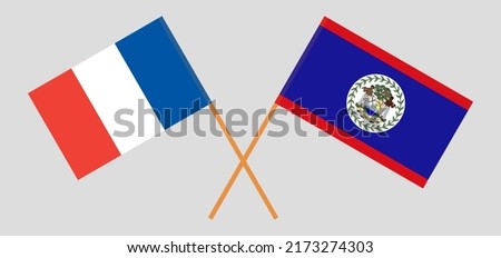 Crossed flags of France and Belize. Official colors. Correct proportion. Vector illustration
