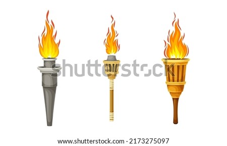 Flaming metal and wooden torchlights set. Ancient torch with burning fire vector illustration