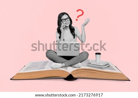 Photo artwork minimal picture of lady sitting open book communicating devices isolated pink drawing background