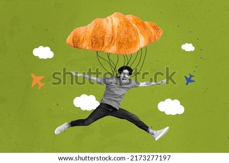 Photo cartoon comics sketch picture of funny funky guy flying huge big croissant isolated painting green background