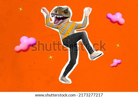 Composite collage picture of excited person dinosaur head walk drawing orange sky clouds background