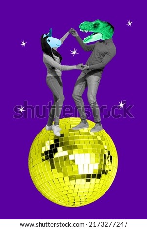 Photo cartoon comics sketch picture of funny creatures dancing together standing big disco ball isolated violet purple background