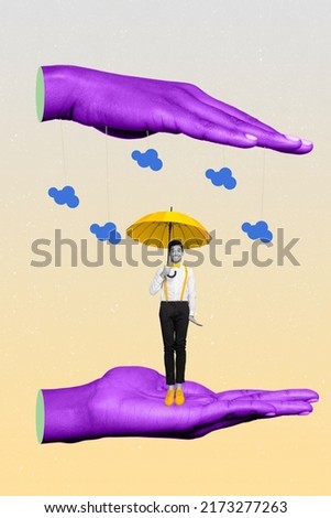 Vertical collage  of huge purple arms palms hold clouds small positive man umbrella protect rain