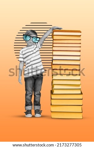 Vertical collage picture of amazed little boy black white colors arm measure pile stack book isolated on drawing background