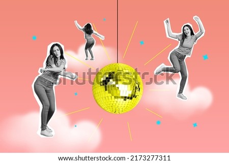 Collage picture of three girls black white effect enjoy dancing clubbing stand drawing clouds big golden disco ball