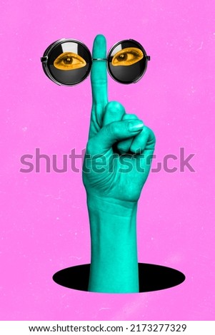 Artwork magazine picture of green arm growing hole holding finger eye glasses isolated panting pink background