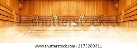Interior of Finnish sauna, classic wooden sauna with hot steam. Russian bathroom. Relax in hot sauna with steam. Wooden interior baths, wooden benches and loungers accessories for sauna, spa complex. Royalty-Free Stock Photo #2173280311