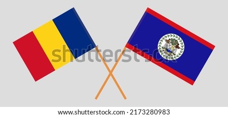 Crossed flags of Romania and Belize. Official colors. Correct proportion. Vector illustration
