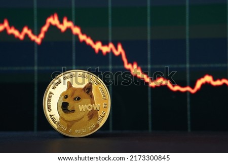 Dogecoin cryptocurrency and graph with negative values Royalty-Free Stock Photo #2173300845