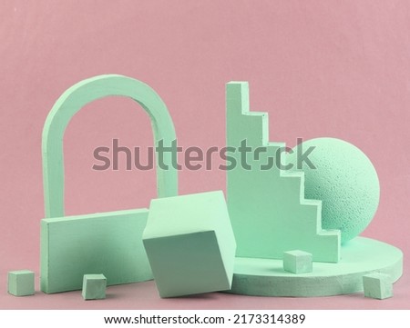 Scene with geometric shapes. Blue pink pastel trend. Minimalism. Creative composition, still life