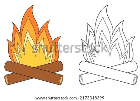 Camp fire colorful and black and white. Coloring book page for children. Bonfire vector illustration isolated on white background. Game for kids.