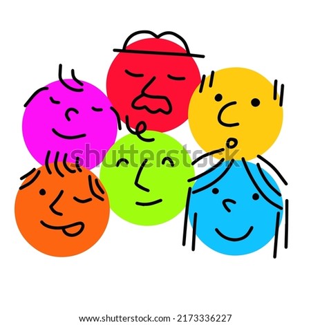 Pile of Various bright basic Geometric Figures with face emotions. Group of man and woman. Hand drawn trendy Vector illustration for kids. Cute funny characters.