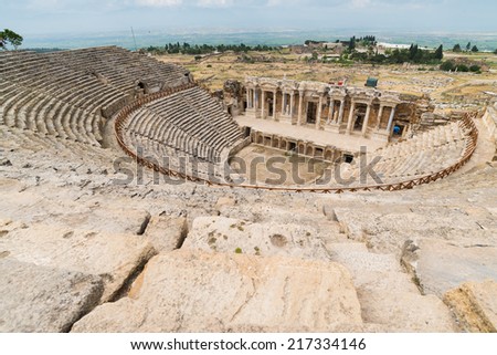 View to the ruins of theater in ancient Hierapolis, Turkey Royalty-Free Stock Photo #217334146