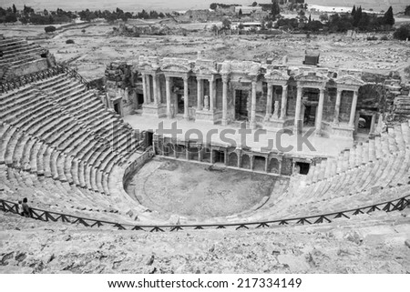 Theater ruins in the ancient city of Hieropolis, Pamukkale, Turkey Royalty-Free Stock Photo #217334149