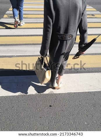 Legs and shadows of old city women with umbrella  crossing asphalt road at zebra crosswalk on sunny day