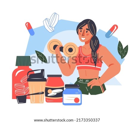 Sports nutrition and healthy eating. Woman exercising with dumbbells to stay fit. Exercise and nutrition program plan, active training flat vector illustration isolated on white background. Royalty-Free Stock Photo #2173350337