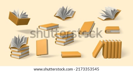 Set of 3d cute cartoon books. Realistic bookss with shaddow. Education and online class concept. Vector illustration.