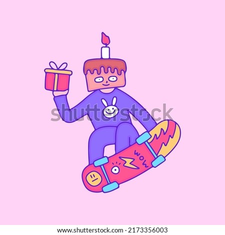 Cool birthday cake character holding gift boxes and freestyle with skateboard, illustration for t-shirt, sticker, or apparel merchandise. With modern pop art.