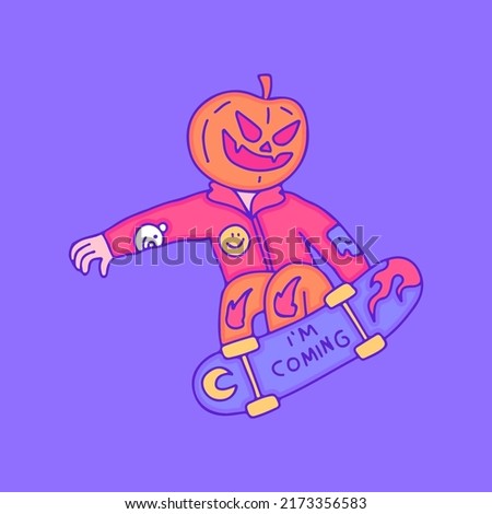 Hype pumpkin character freestyle with skateboard, illustration for t-shirt, sticker, or apparel merchandise. With modern pop art.