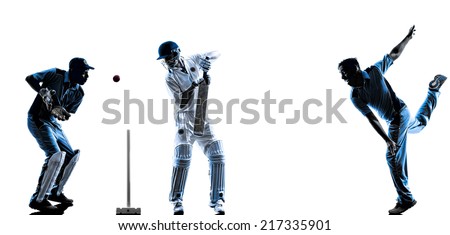 Cricket players in silhouette shadow on white background