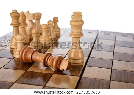 Beige Brown Wooden chess different pieces figures standing on chessboard. Closeup game concept competition, Classic Tournament.