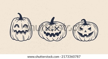 Vintage Halloween pumpkins set. Jack o Lantern. Halloween pumpkins icons isolated on white background. Design elements for logo, poster, emblem. Vector illustration Royalty-Free Stock Photo #2173360787