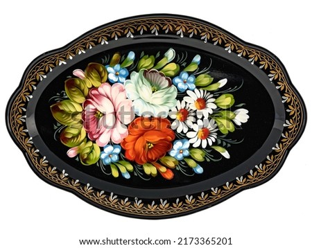 Old decorative russian folk handpainted metal tray with floral color pattern on white. Use for interior design.