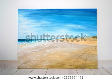 Drawing of bright blue sky over the sea. Picture contains interesting idea, evokes emotions, aesthetic pleasure, calm. Canvas stretched on a stretcher, oil natural paints. Concept art painting texture