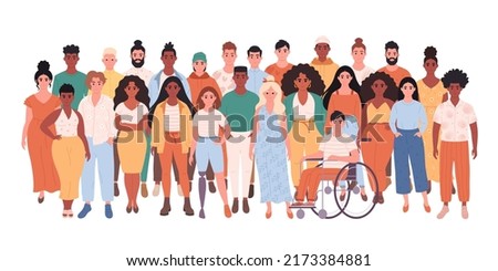 Crowd of different people of different races, body types, person with disability. Multicultural society. Social diversity of people in modern society. Hand drawn vector illustration Royalty-Free Stock Photo #2173384881