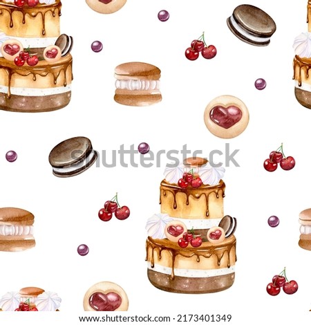 Watercolor Seamless pattern with cake, cupcakes, cookies and cherries on a white background. Wallpaper, wrapping paper design. Background for holiday and party. Textile print. Cafe food.