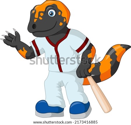 Funny gila monster lizard cartoon wearing baseball jersey holding baseball bat