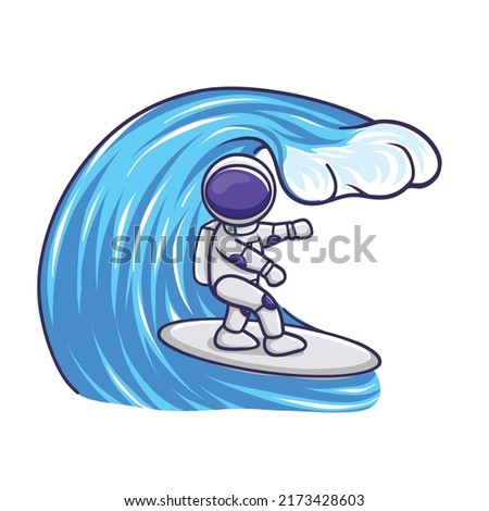 Cute Astronaut Surfing on Waves. Cute astronaut illustration, holiday  at beach