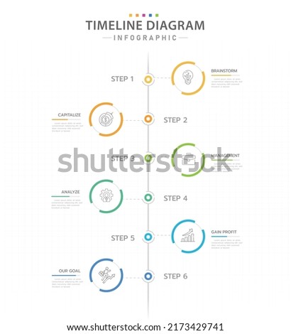 Infographic template for business. 6 Steps Modern Timeline diagram calendar with vertical topics and circles, presentation vector infographic. Royalty-Free Stock Photo #2173429741
