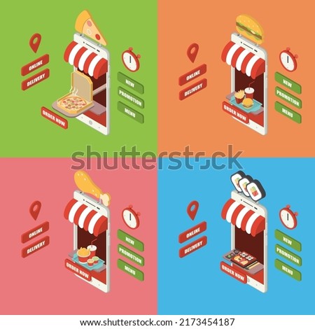 Online fast food order and delivery concept set, giant isometric smartphone with pizza, hamburger, fried chicken and sushi serving directly from mobile