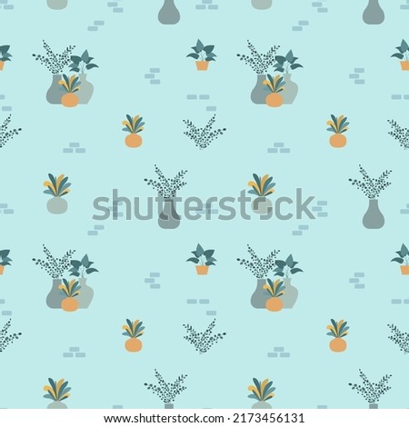 Floral seamless pattern on blue background. Trendy print plants in flat style. home plants, seamless pattern. vector illustration.