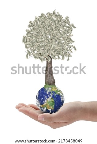 Hand holding Money Tree growing on globe. Saving money for the future. Investment Ideas and Business Growth. world image by NASA
