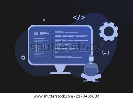Functional programming, Object-oriented languages concept. Machine code on the desktop display screen. Vector illustration