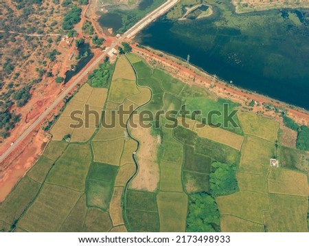 drone photo aerial view top angle cloudy day paddy food production rice fields fertile lands cultivation agricultural india tamilnadu green meadows natural scenery tropical country ruralscape 
