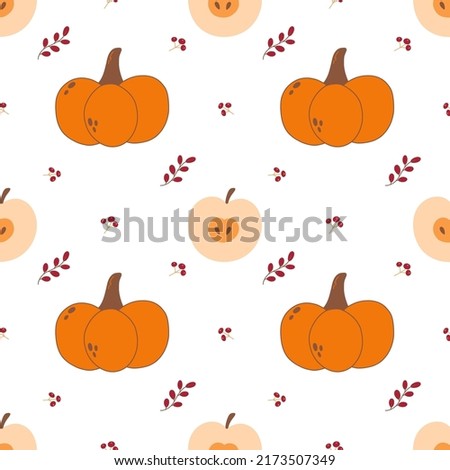 Vector seamless pattern with pumpkin, apple, branch and berry. Autumn illustration