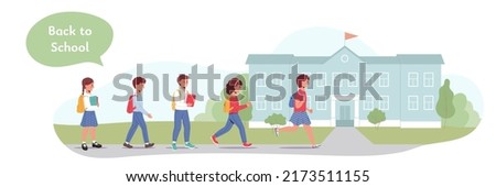 Group of school children back to school. Kids go and run into school building. Education Horizontal banner. Flat vector illustration.  Royalty-Free Stock Photo #2173511155