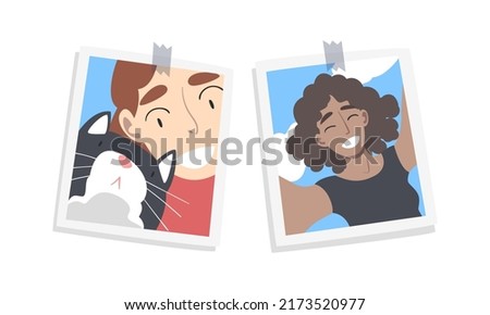 Photos of young people pinned to wall set. Selfie portraits of happy girls posing against blue sky cartoon vector illustration