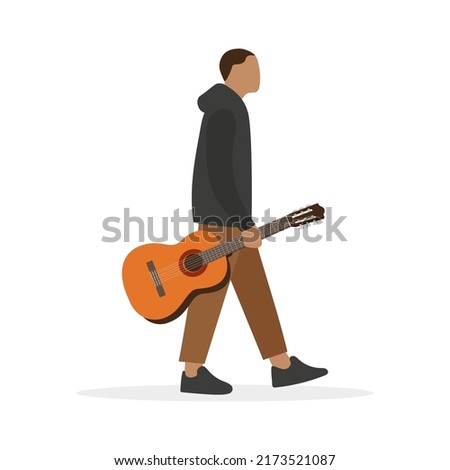 A male character with a guitar in his hand goes on a white background