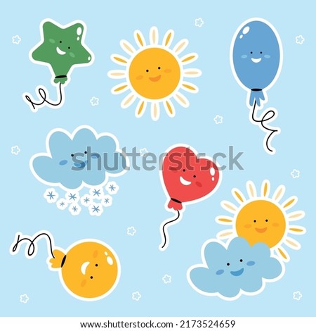 Funny sky stickers: balloons, sun, cloud